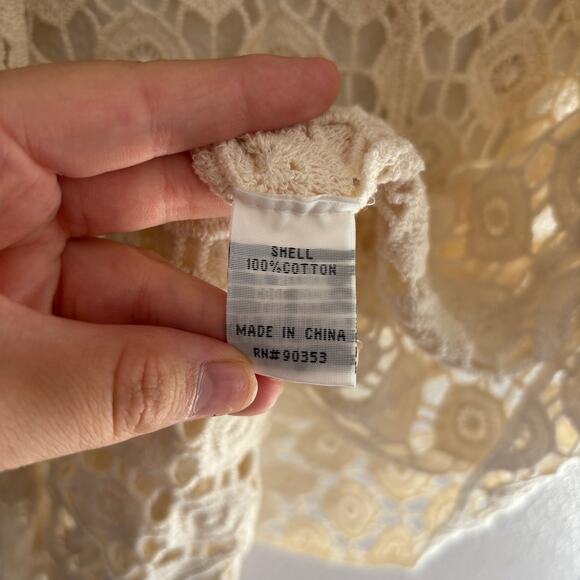 Crochet Lace Open Front Cardigan Kimono Fringe Overcoat Small Cream Western Boho - Picture 9 of 9